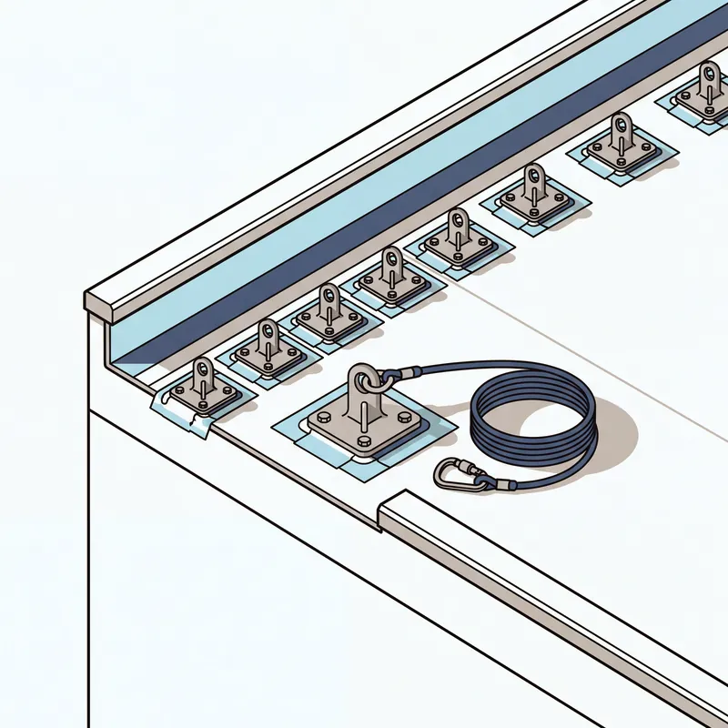 A row of roof anchors near a parapet with a safety rope
