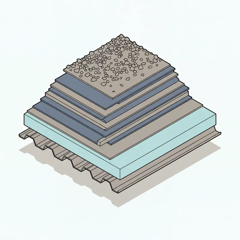 Cut-away of a built-up roof: deck, insulation, felt layers and gravel