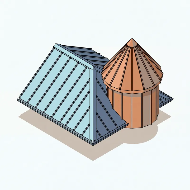 Standing-seam metal roof beside a copper-clad turret