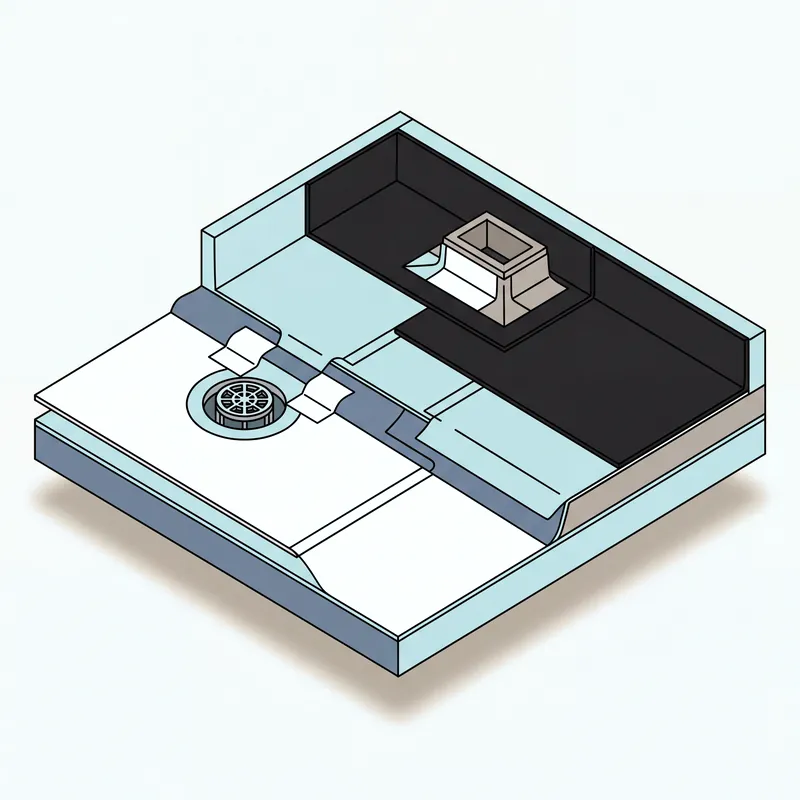 White PVC and black EPDM membranes on a flat roof with a drain